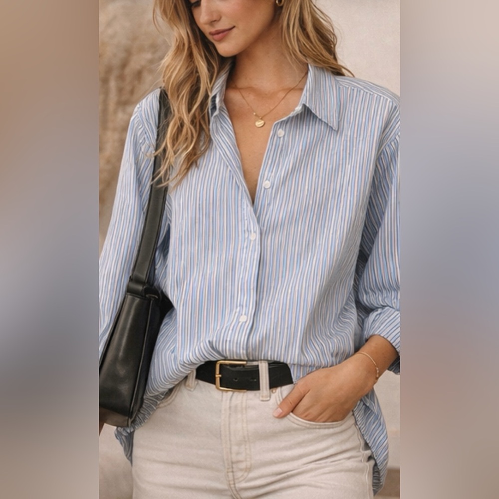 Zara Light Blue and White Striped Button-Down Shirt